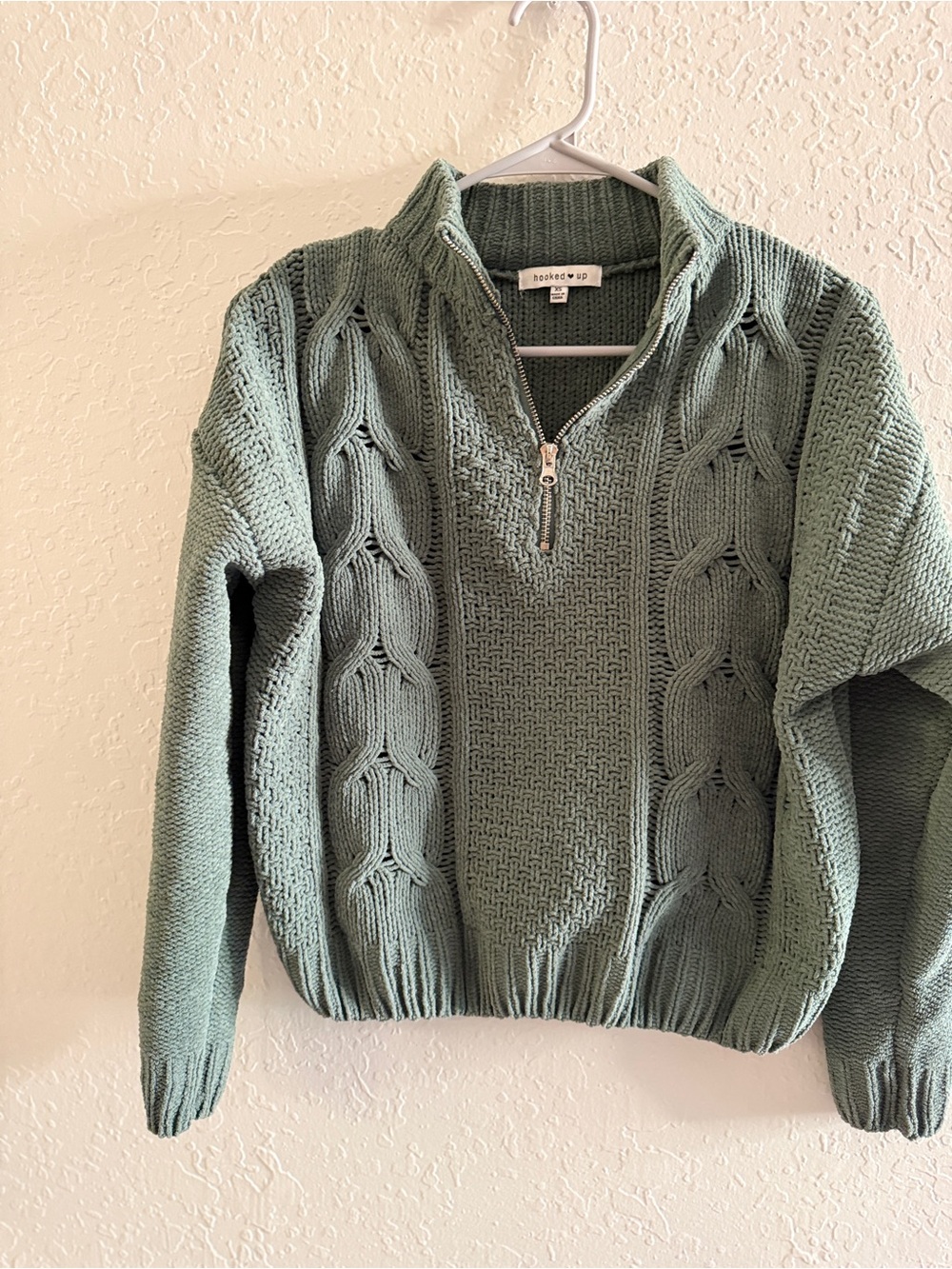 Hooked Up by IOT Sage Green Cable-Knit Half-Zip Sweater